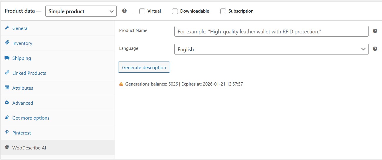 Fill product advanced fields